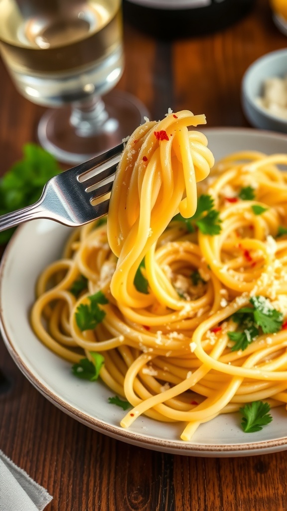 Garlic Butter Pasta Recipe A delicious serving of garlic butter pasta topped with parsley and Parmesan cheese on a rustic table.